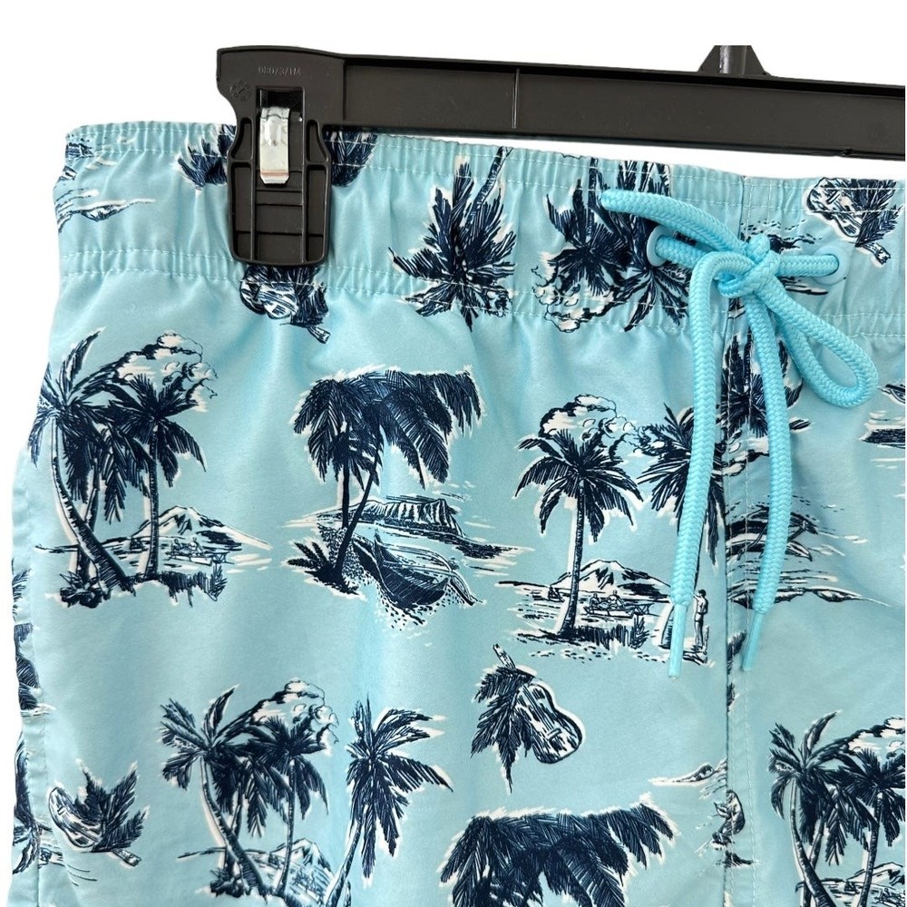 Mens Blue Palm Tree Print Shorts Swim Trunks Medium